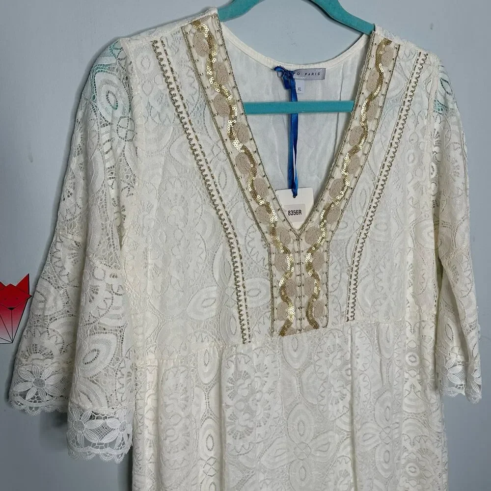 Tempo Paris Ivory Lace Dress Gold Sequin Embellishment with Sleeves Size XL NWT - Picture 3 of 10